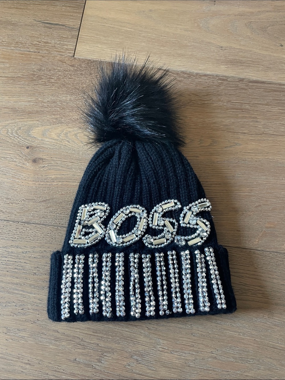 Bling Boss Black Beanie With Fluffy Pom-Pom